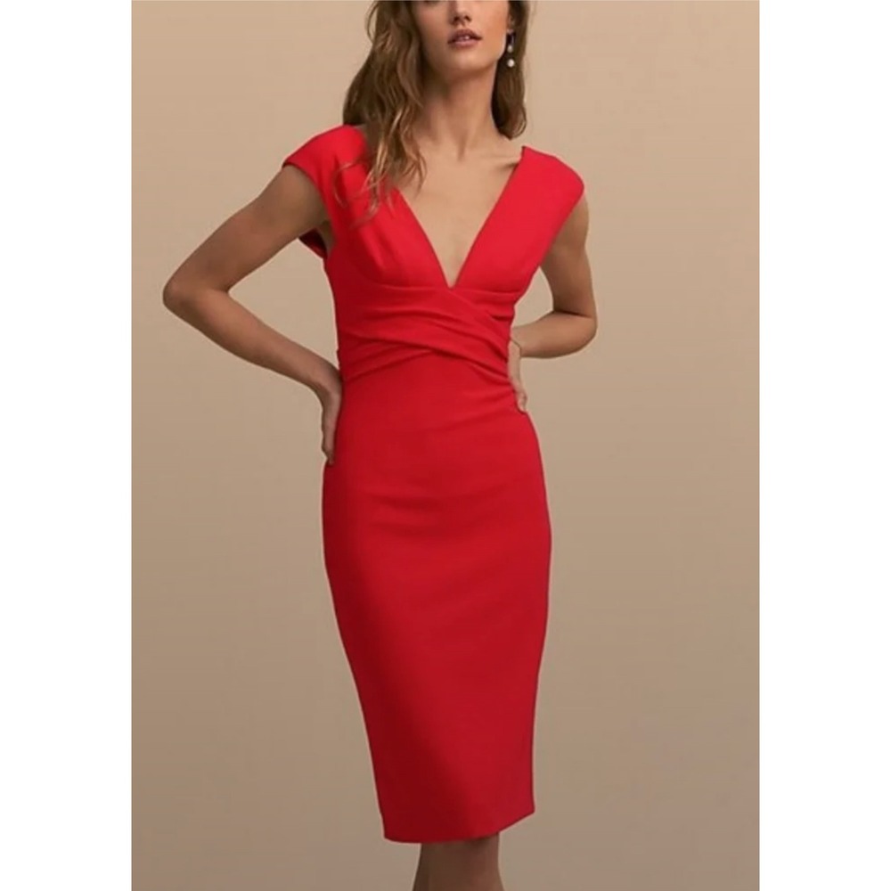 Danica BHLDN Anthropologie Red V-Neck Surplice Midi Sheath Dress 0 Wedding Guest